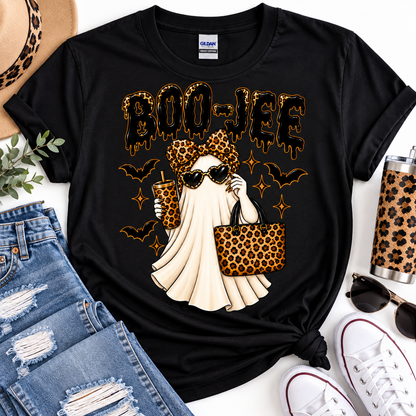 BOO-JEE Halloween Shirt or Sweatshirt | Leopard Ghost Halloween Apparel | Spooky Season Tee