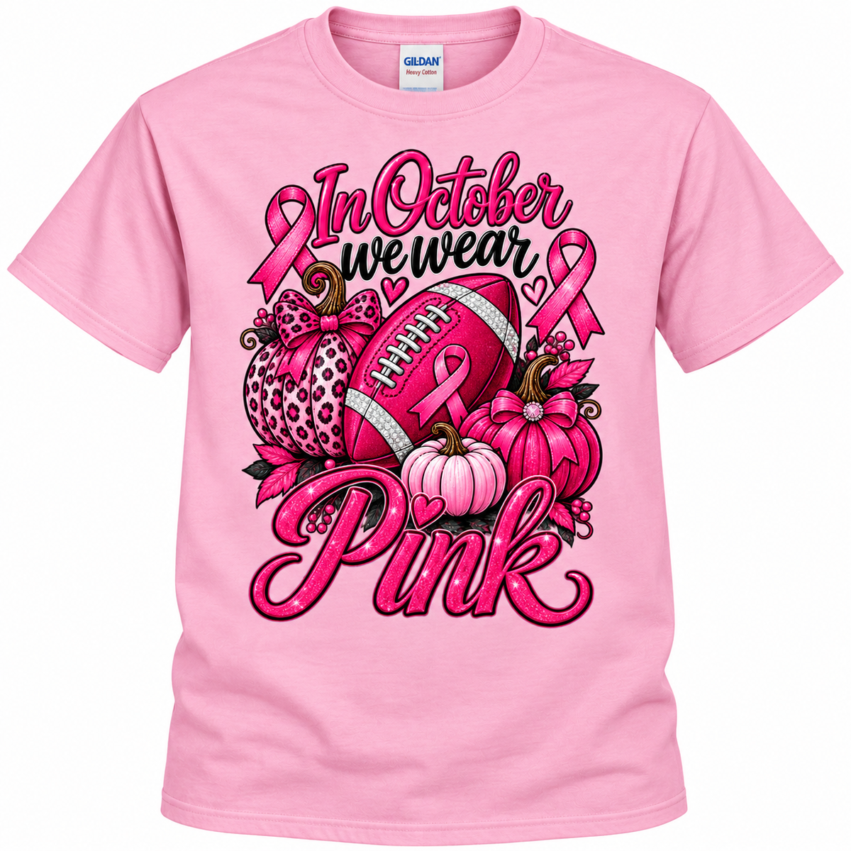 In October We Wear Pink Football Shirt | Breast Cancer Awareness T-Shirt | Pink Pumpkin Football Shirt
