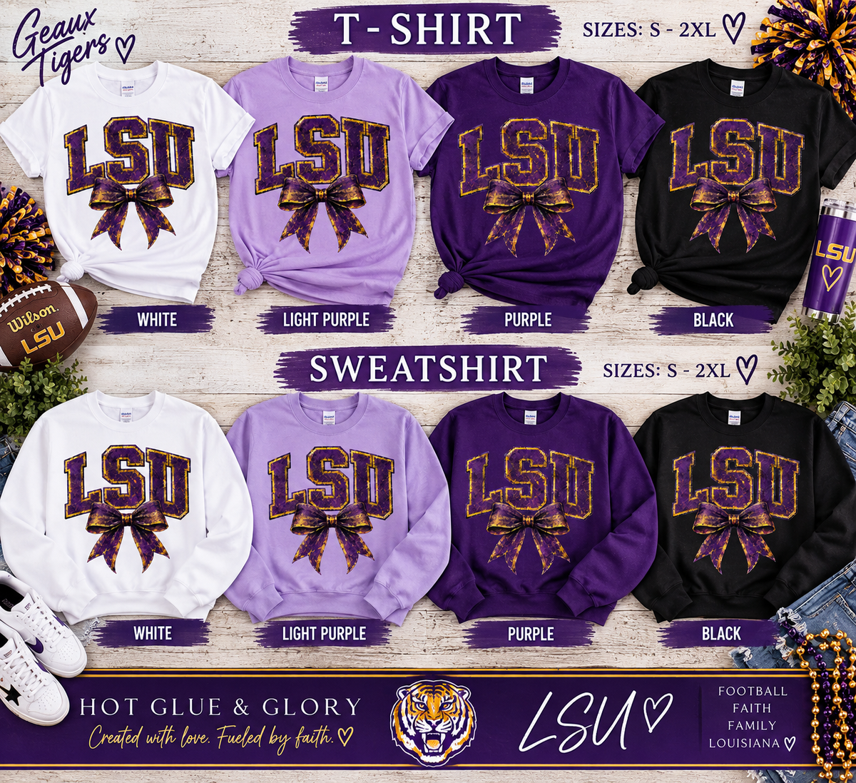 LSU Bow Shirt or Sweatshirt | Tigers Apparel | LSU Tigers Football Shirt or Sweatshirt