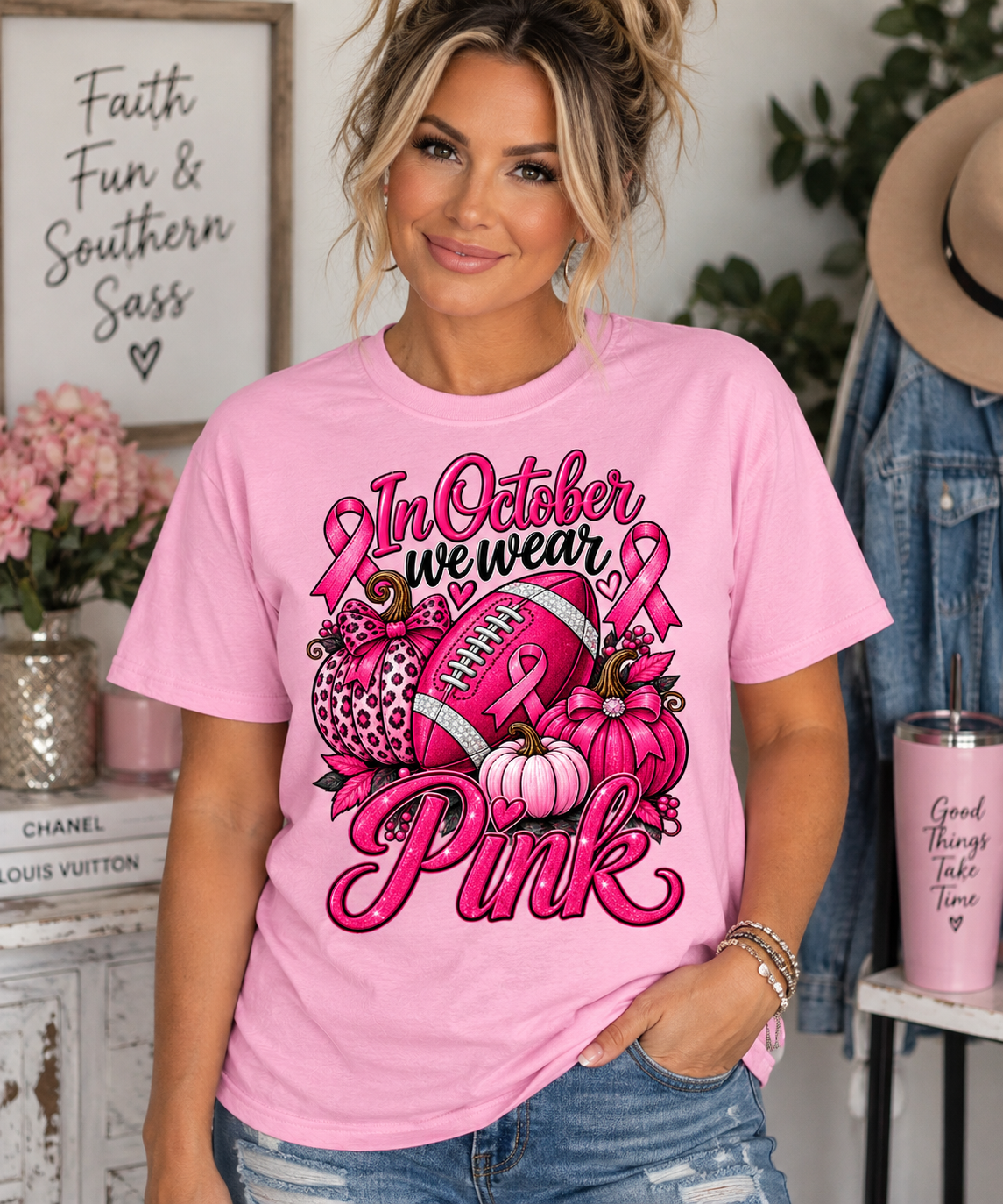 In October We Wear Pink Football Shirt | Breast Cancer Awareness T-Shirt | Pink Pumpkin Football Shirt