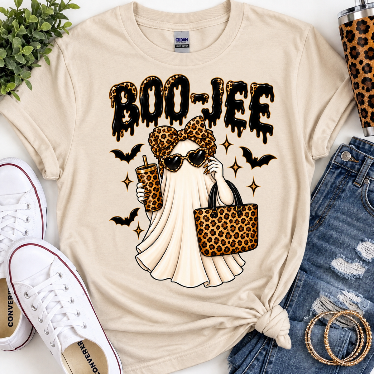 BOO-JEE Halloween Shirt or Sweatshirt | Leopard Ghost Halloween Apparel | Spooky Season Tee