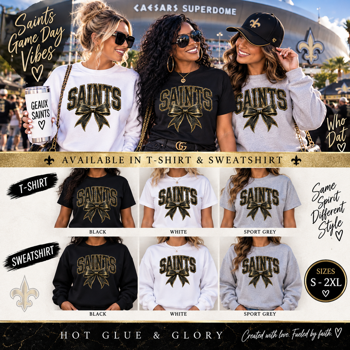 Saints Bow Shirt or Sweatshirt | New Orleans Game Day Apparel | Saints Football Shirt