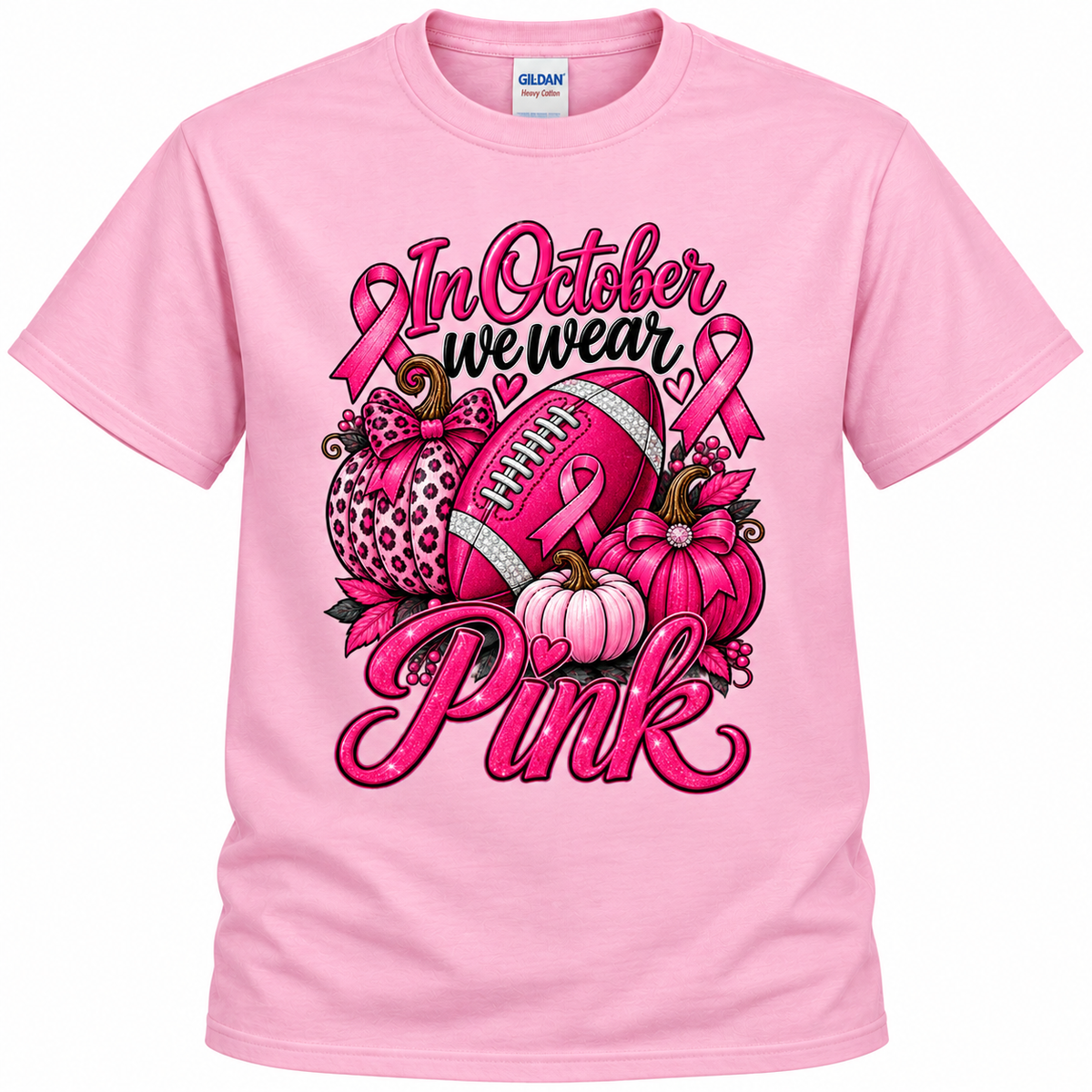 In October We Wear Pink Football Shirt | Breast Cancer Awareness T-Shirt | Pink Pumpkin Football Shirt